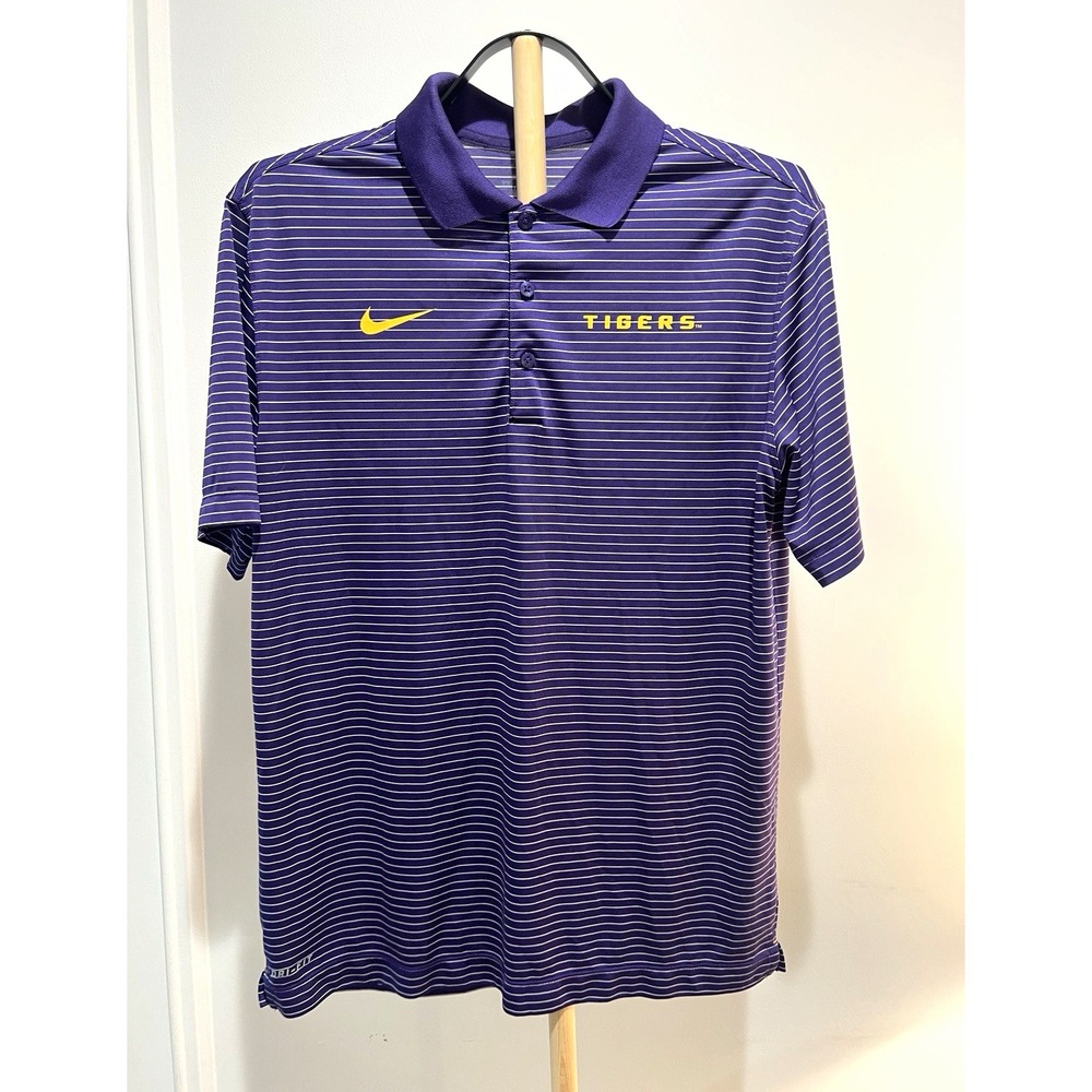 Nike LSU Tigers Dri FIT Polo Mens Medium Purple White Striped Golf Shirt
